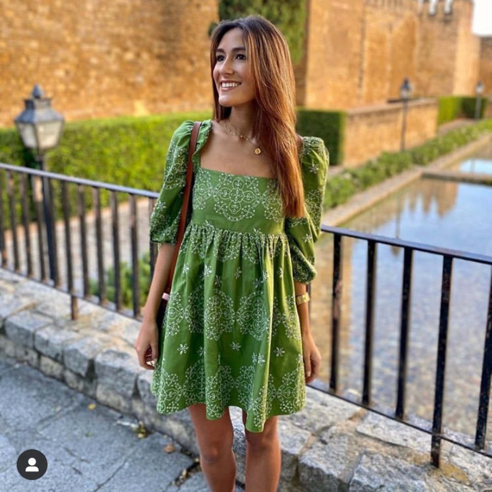 ZARA NWT Green Floral Embroidered Cutout Bardot Dress Puff Sleeves - Picture 3 of 12